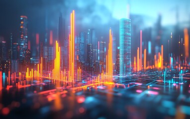 3D rendering of digital financial charts and arrows overlaying a modern cityscape