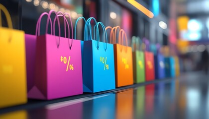 Aufkleber - Closeup 3D rendering of a POS terminal with colorful shopping bags and dynamic percentage symbols
