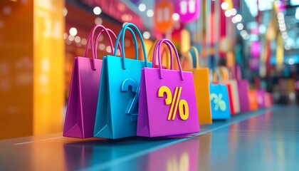 Aufkleber - Closeup 3D rendering of a POS terminal with colorful shopping bags and dynamic percentage symbols