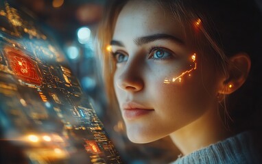 Poster - Closeup scene of a serious woman using a tablet