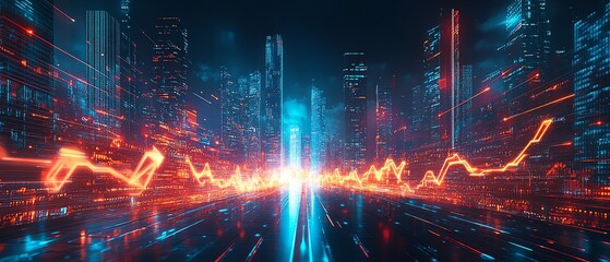 Poster - Dynamic image of digital financial charts and glowing arrows against a modern city skyline