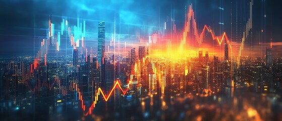 Poster - Dynamic image of digital financial charts and glowing arrows against a modern city skyline