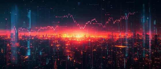 Poster - Dynamic image of digital financial charts and glowing arrows against a modern city skyline