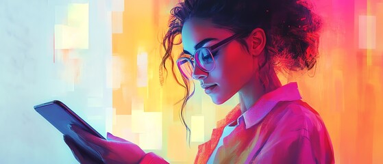 Poster - Illustration of a serious woman focused on her tablet