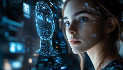 Leinwandbilder - Visual representation of a serious woman using a tablet to interact with a chatbot