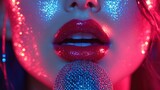 Close-up of woman's mouth singing into microphone with red lipstick and colorful glitter makeup.
