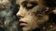 © Edi Purnomo - A woman's face with closed eyes is partially obscured by swirling clouds of brown and gray dust, suggesting a sense of mystery and vulnerability.