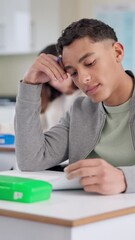 Poster - Student, anxiety and writing in exam with education, thinking and stress in classroom for scholarship. Male person, headache and high school in learning, development and academy for study or research