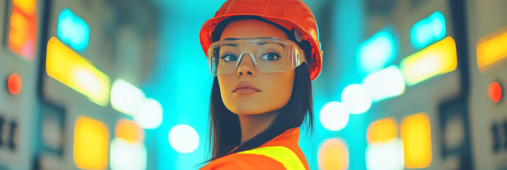 A woman in a hard hat and safety glasses looks confidently at the camera in a colorful industrial setting.