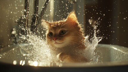 Poster - Playful Cat Splashing in Water Joyfully