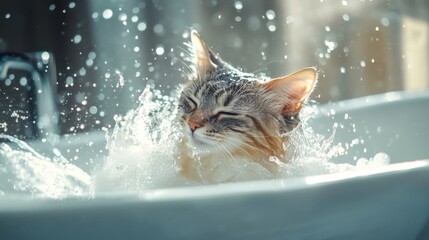 Poster - Playful Cat Enjoys a Splashing Water Experience