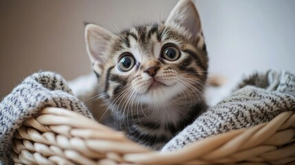 Poster - Adorable Tabby Kitten in Woven Basket