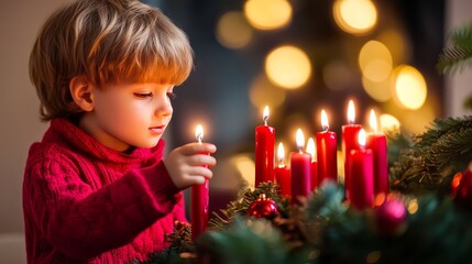 A cute little boy lights a row of candles for the Advent season, creating a warm atmosphere of remembrance and reflection in anticipation of the coming birth of Jesus Christ and the joy of Christmas