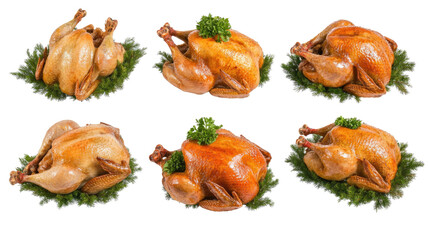 Poster - Beautifully Roasted Chickens on White Background Generative AI