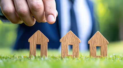 Investing in real estate can be rewarding venture, as depicted by hand placing wooden house models on grass, symbolizing growth and future opportunities.