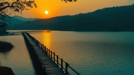 Wall Mural - Serene Sunset Over Calm Lake with Wooden Pier