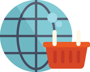 Poster - This vector illustration showcases the concept of online shopping with a shopping basket superimposed on a world grid