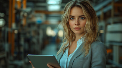 A young woman stands in a factory, looking at a tablet device.