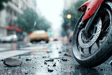 Poster - Road accident or motorcycle crash. Selective focus background and copy space