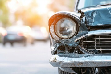 Poster - Crashed old retro vintage car close-up. Selective focus background and copy space