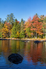 Raquette River downstream from Buttermilk Falls in Long Lake NY ADK on a fall morning with brilliant foliage reflections