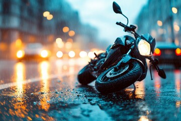 Poster - Road accident or motorcycle crash. Selective focus background and copy space