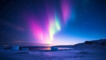 A stunning aurora borealis illuminates a serene icy landscape at dusk.