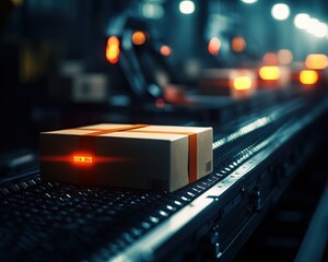 A glowing package moves along a conveyor belt in a modern distribution center, surrounded by robotic arms and an industrial setting.