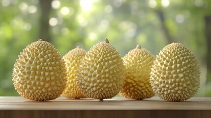 Four ripe durian fruits with spiky skin on a wooden table with a blurred green background.