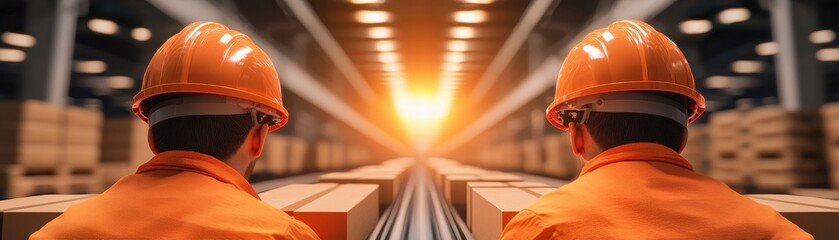 Two construction workers in safety gear observe a bright sunset in a warehouse filled with stacked boxes.