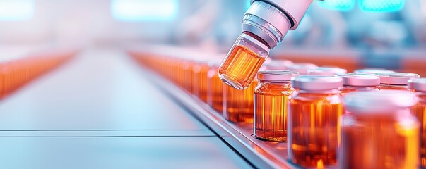 a robotic arm pours liquid into amber vials on a production line, symbolizing automation in pharmace