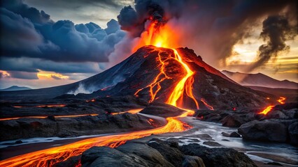 lava flow cascading down mountain glowing red hot against dark landscape