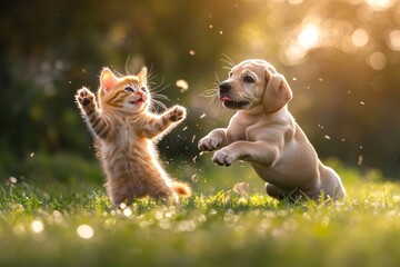 Wall Mural - A playful kitten and puppy enjoy a sunny day in a lush green field. Their joyful expressions capture the essence of friendship and fun. This heartwarming scene evokes happiness. AI