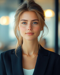 Professional woman in smart attire, looking confidently at the camera, office background