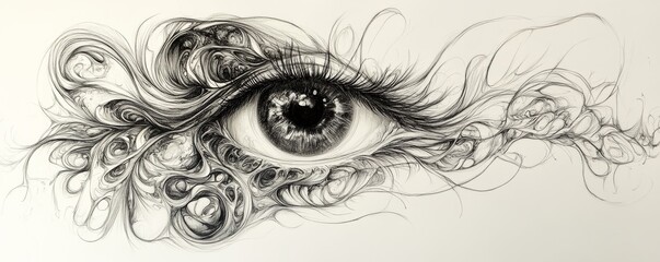 Surreal eye sketch with intricate details on white background, artistic vision concept