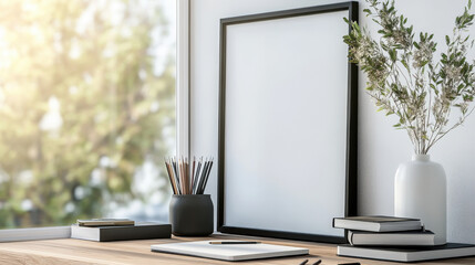 Wall Mural - mockup of an empty black frame on the wall in a modern home office