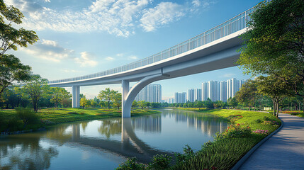 A modern bridge with white pillars and a green landscape along the river