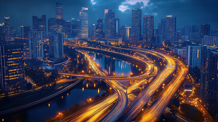 Highway, cityscape, river, bridge, street lights, skyscrapers, aerial view, urban landscape, evening light