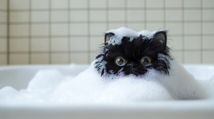 Poster - Cute Black Cat Surrounded by Bubbles in Bathtub