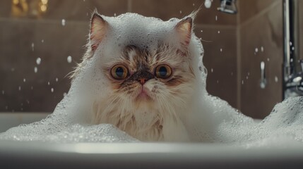 Poster - Cat in Bath Surrounded by Bubbles and Foam