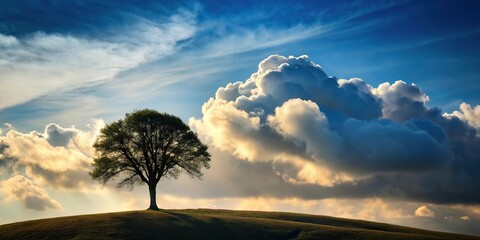 Lone tree silhouette on hill with floating clouds