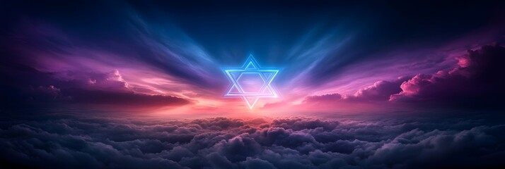 Wall Mural - Star of David over cloudy sunset sky background. Symbol of Judaism. Jewish memory day. Hanukkah, Passover, Shavuot, Yom Kippur holiday. Happy Independence Day of Israel