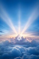 Wall Mural - Star of David over cloudy sunset sky background. Symbol of Judaism. Jewish memory day. Hanukkah, Passover, Shavuot, Yom Kippur holiday. Happy Independence Day of Israel