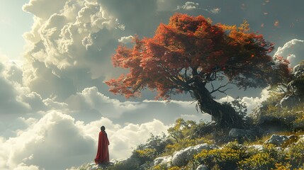 Poster - A lone figure stands beneath a majestic red tree, gazing at the clouds in a fantastical landscape.