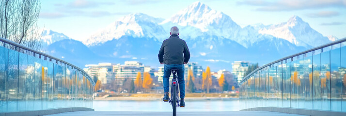 Wall Mural - A man rides a bike on a bridge with a view of snow-capped mountains.