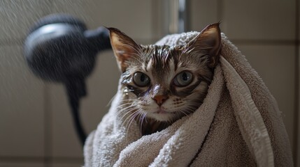 Poster - Cat Wrapped in Towel After Bathing Session