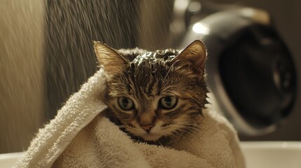Poster - Wet Cat Wrapped in Towel After Bath Time