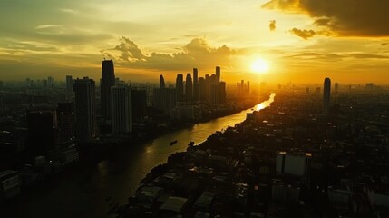 Poster - Sunset Over City Skyline with River Reflection