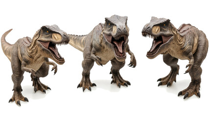 Poster - Set of Three Detailed Tyrannosaurus Rex Figures on a White Background Generative AI