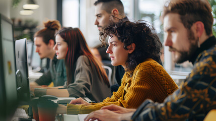 A group of young professionals working on computers in a modern office setting.